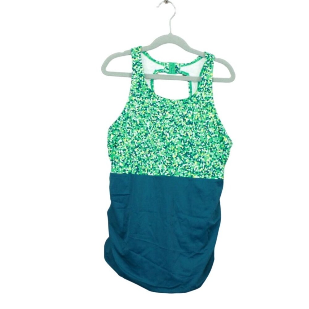 LL Bean Side Ruched Tankini Swimsuit Top Green Blue Print Size 8